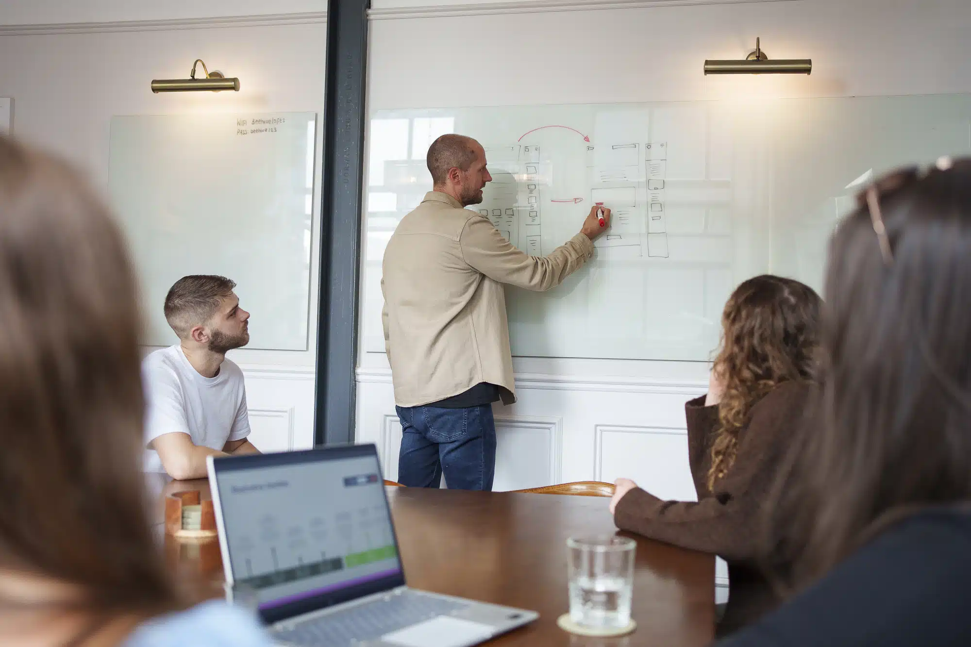 A man stands at a glass whiteboard sketching a wireframe during a meeting while colleagues sit around a conference table watching, with a laptop and water glasses in the foreground.